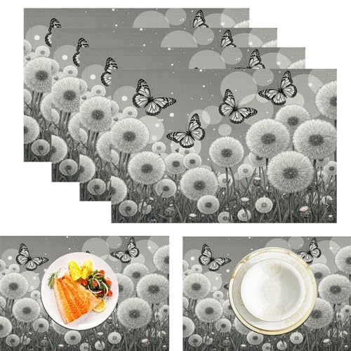 Platzsets Schmetterling Löwenzahn, Tischset Satz Mit 4er Set 45x30cm Vintage Blumen Tischuntersetzer Abwaschbar Verrutscht Nicht Platzdeckchen Für Urlaub Bankett Die Küche Party Deko, Grau von ZISTRCBAO