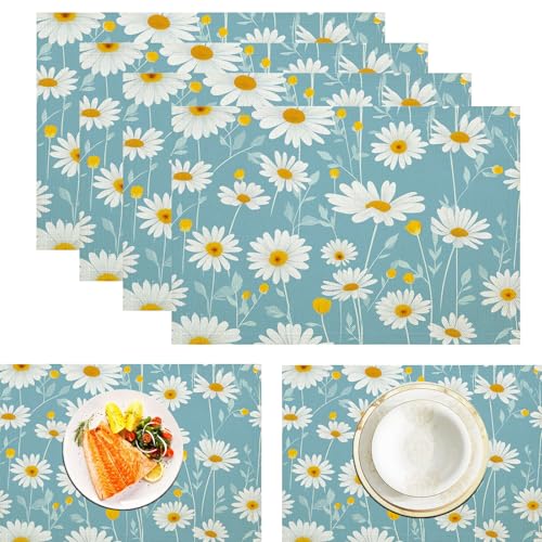 Platzsets Weißes Gänseblümchen, Tischset Satz Mit 4er Set 45x30cm Aquarell Blumen Tischuntersetzer Abwaschbar Verrutscht Nicht Platzdeckchen Für Urlaub Bankett Die Küche Party Deko, Blau von ZISTRCBAO