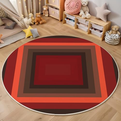Quadratische Geometrie Kurzflor Teppich Rund, Moderne Schlichtheit Wohnzimmerteppich, Rot Runder Teppich 160cm Round Eingangsbereich Waschbar Weich for Wohnzimmer Schlafzimmer Studie Heimbüro von ZISTRCBAO