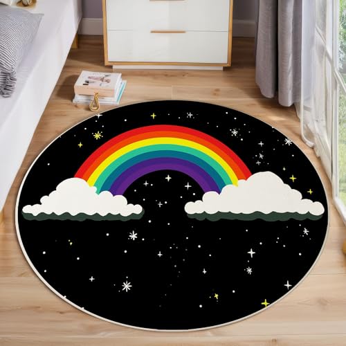 Regenbogen Weiße Wolke Rutschfest Runder Teppich 180cm, Modern Einfach Runder Teppich Wohnzimmer, Mehrfarbig Dekoration Teppiche Waschbar Für Zuhause Bodenmatte Schlafzimmer Dekorativer Teppiche von ZISTRCBAO