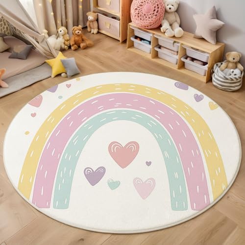 Regenbogenherz Kurzflor Teppich Rund, Niedlicher Handgemalter Stil Wohnzimmerteppich, Rosa Runder Teppich 80cm Round Eingangsbereich Waschbar Weich for Wohnzimmer Schlafzimmer Studie Heimbüro von ZISTRCBAO