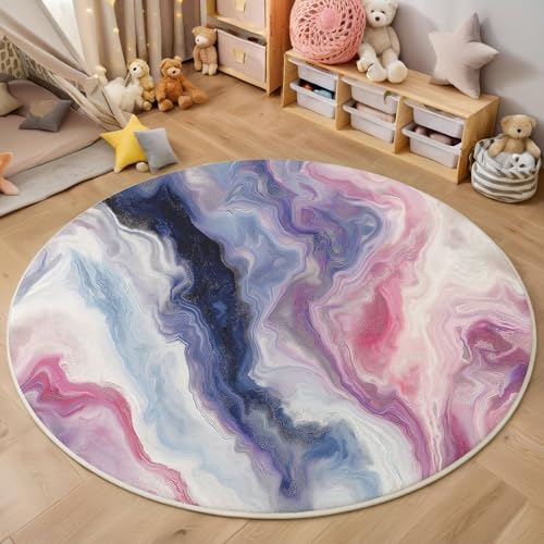 Rosa-Blauer Marmor Rund Teppich, Moderne Abstraktion Waschbarer Wohnzimmer Sofa Teppich Kurzflor Couchtischmatte, Rosa Rund 120cm Teppiche Für Schlafzimmer Esszimmer Küche Innen Rosa-Blauer Marmor Rund Teppich, Moderne Abstraktion Waschbarer Wohnzimmer Sofa Teppich Kurzflor Couchtischmatte, Rosa Rund 120cm Teppiche Für Schlafzimmer Esszimmer Küche Innen von ZISTRCBAO