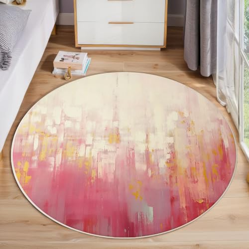 Rosa Farbverlauf-Aquarell rutschfest Runder Teppich 80cm, Moderne Abstrakte Runder Teppich Wohnzimmer, Rosa Dekoration Teppiche Weich Waschbar Für Zuhause Bodenmatte Schlafzimmer Dekorativer Teppiche von ZISTRCBAO