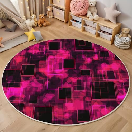 Rosa Schwarz Geometrisch rutschfest Runder Teppich 80cm, Moderne Abstraktion Runder Teppich Wohnzimmer, Dunkelrosa Dekoration Teppiche Weich Waschbar Für Zuhause Bodenmatte Schlafzimmer Teppiche von ZISTRCBAO