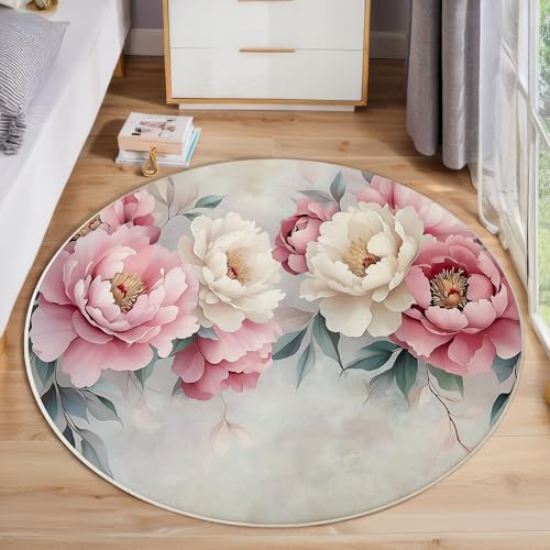 Rosa Weiße Pfingstrose Rutschfest Runder Teppich 180cm, Aquarell Blumen Runder Teppich Wohnzimmer, Rosa Dekoration Teppiche Weich Waschbar Für Zuhause Bodenmatte Schlafzimmer Dekorativer Teppiche Rosa Weiße Pfingstrose Rutschfest Runder Teppich 180cm, Aquarell Blumen Runder Teppich Wohnzimmer, Rosa Dekoration Teppiche Weich Waschbar Für Zuhause Bodenmatte Schlafzimmer Dekorativer Teppiche von ZISTRCBAO