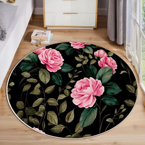 Rosengrüne Blätter Kurzflor Teppich Rund, Vintage Aquarell Blumen Wohnzimmerteppich, Rosa Runder Teppich 60cm Round Eingangsbereich Waschbar Weich for Wohnzimmer Schlafzimmer Studie Heimbüro von ZISTRCBAO