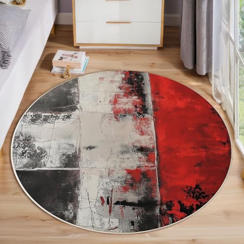 Rot Graue Aquarellstreifen Runder Teppich, Moderne Abstrakte Runde, Weich Waschbar rutschfest Wohnzimmer Schlafzimmer Nachttisch Restaurant Korridor Fußmatte (100cm, Grau) von ZISTRCBAO