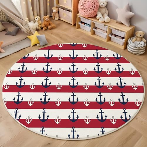 Rot-Weiß Gestreifter Anker Kurzflor Teppich Rund, Nautisches Thema Wohnzimmerteppich, Rot Runder Teppich 60cm Round Eingangsbereich Waschbar Weich for Wohnzimmer Schlafzimmer Studie Heimbüro von ZISTRCBAO