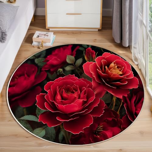 Rote Rose Mit Blumen Rutschfest Runder Teppich 100cm, Romantisch Und Elegant Runder Teppich Wohnzimmer, Rot Dekoration Teppiche Weich Waschbar Für Zuhause Bodenmatte Schlafzimmer Dekorativer Teppiche Rote Rose Mit Blumen Rutschfest Runder Teppich 100cm, Romantisch Und Elegant Runder Teppich Wohnzimmer, Rot Dekoration Teppiche Weich Waschbar Für Zuhause Bodenmatte Schlafzimmer Dekorativer Teppiche von ZISTRCBAO