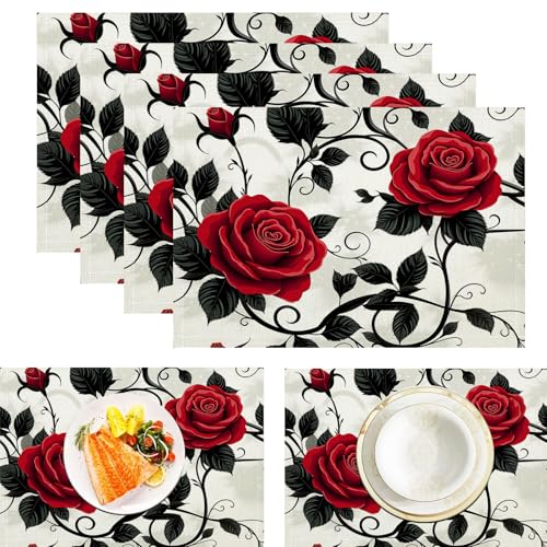 Rote Rosenrebe Platzsets 4er Set, Leinen Vintage Blumen Tischsets Waschbar Platzdeckchen Leinen Hitzebeständig Platzdeckchen Dekor Für Küche Speisetisch Restaurant Bauernhaus, Rot 45x30cm Rote Rosenrebe Platzsets 4er Set, Leinen Vintage Blumen Tischsets Waschbar Platzdeckchen Leinen Hitzebeständig Platzdeckchen Dekor Für Küche Speisetisch Restaurant Bauernhaus, Rot 45x30cm von ZISTRCBAO