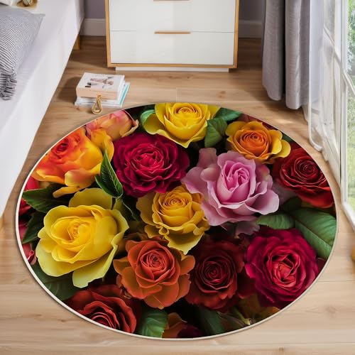 Rote Und Gelbe Rosen Kurzflor Teppich Rund, Romantische Blumen Wohnzimmerteppich, Mehrfarbig Runder Teppich 180cm Round Eingangsbereich Waschbar Weich for Wohnzimmer Schlafzimmer Studie Heimbüro Rote Und Gelbe Rosen Kurzflor Teppich Rund, Romantische Blumen Wohnzimmerteppich, Mehrfarbig Runder Teppich 180cm Round Eingangsbereich Waschbar Weich for Wohnzimmer Schlafzimmer Studie Heimbüro von ZISTRCBAO