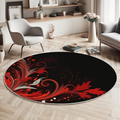 Roter Wirbel Mit Blumen Rutschfest Runder Teppich 120cm, Vintage-Eleganz Runder Teppich Wohnzimmer, Schwarz Dekoration Teppiche Weich Waschbar Für Zuhause Bodenmatte Schlafzimmer Dekorativer Teppiche von ZISTRCBAO