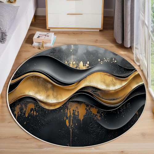 Runder Teppich 120cm, Schwarzgoldene Wellenstreifen Teppich Rund, Moderne Abstrakte rutschfest Teppiche Weich Wohnzimmer Für Küche Schlafzimmer Studie Heimbüro, Grau von ZISTRCBAO