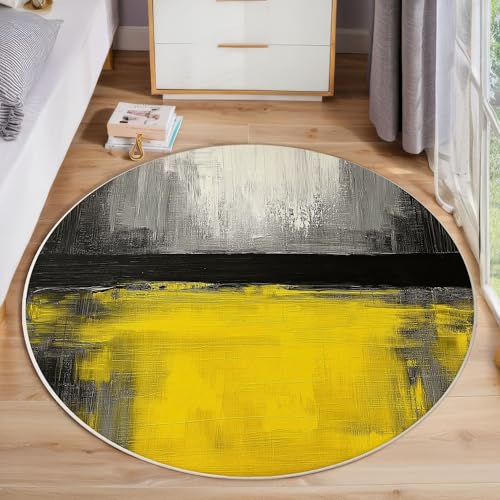 Runder Teppich 80cm, Schwarz-Gelbe Pinselstrichstruktur Teppich Rund, Moderne Abstrakte rutschfest Teppiche Weich Wohnzimmer Für Küche Schlafzimmer Studie Heimbüro, Gelb Runder Teppich 80cm, Schwarz-Gelbe Pinselstrichstruktur Teppich Rund, Moderne Abstrakte rutschfest Teppiche Weich Wohnzimmer Für Küche Schlafzimmer Studie Heimbüro, Gelb von ZISTRCBAO