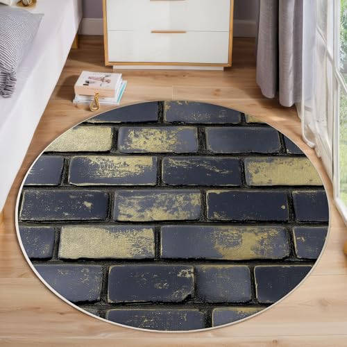 Runder Teppich 80cm, Schwarzgoldene Ziegelmauer Teppich Rund, Retro-Distressed rutschfest Teppiche Weich Wohnzimmer Für Küche Schlafzimmer Studie Heimbüro, Grau Runder Teppich 80cm, Schwarzgoldene Ziegelmauer Teppich Rund, Retro-Distressed rutschfest Teppiche Weich Wohnzimmer Für Küche Schlafzimmer Studie Heimbüro, Grau von ZISTRCBAO