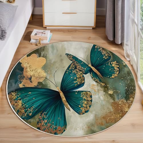 Schmetterling Tier Rutschfest Runder Teppich 160cm, Vintage-Eleganz Runder Teppich Wohnzimmer, Blaugrün Dekoration Teppiche Weich Waschbar Für Zuhause Bodenmatte Schlafzimmer Dekorativer Teppiche von ZISTRCBAO