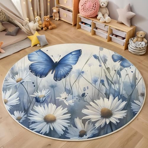 Schmetterlings-Gänseblümchen Rutschfest Runder Teppich 180cm, Aquarellblumen Runder Teppich Wohnzimmer, Hellblau Dekoration Teppiche Weich Waschbar Für Zuhause Bodenmatte Schlafzimmer Teppiche von ZISTRCBAO