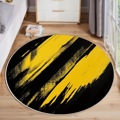 Schwarz-Gelbe Aquarellstreifen Runder Teppich, Moderne Abstrakte Runde, Weich Waschbar rutschfest Wohnzimmer Schlafzimmer Nachttisch Restaurant Korridor Fußmatte (100cm, Gelb) von ZISTRCBAO