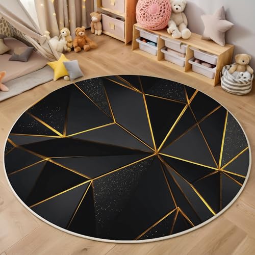 Schwarz-Goldene Geometrie rutschfest Runder Teppich 80cm, Moderne Abstrakte Runder Teppich Wohnzimmer, Schwarz Dekoration Teppiche Weich Waschbar Für Zuhause Bodenmatte Schlafzimmer Teppiche von ZISTRCBAO