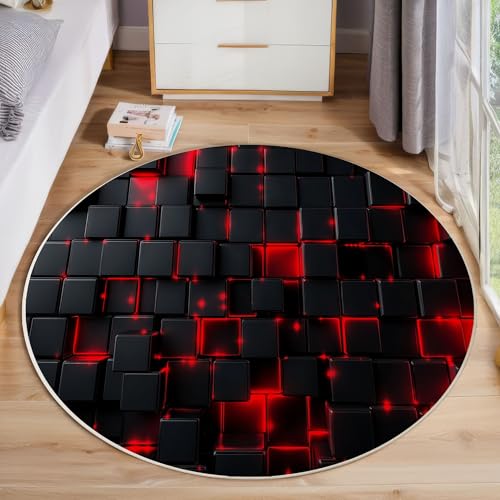 Schwarz Rot 3D Geometrie rutschfest Runder Teppich 160cm, Moderne Abstrakte Runder Teppich Wohnzimmer, Rot Dekoration Teppiche Weich Waschbar Für Zuhause Bodenmatte Schlafzimmer Dekorativer Teppiche von ZISTRCBAO