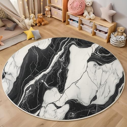 Schwarz-Weißer Marmor Rutschfest Runder Teppich 60cm, Fluid Art Runder Teppich Wohnzimmer, Schwarz Dekoration Teppiche Weich Waschbar Für Zuhause Bodenmatte Schlafzimmer Dekorativer Teppiche von ZISTRCBAO