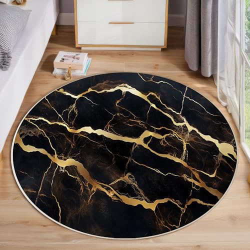 Schwarzgold-Marmorstruktur Rund Teppich Kurzflor, Moderner Leichter Luxus Ultradünner Waschbarer Runder Teppich Für Den Innen Und Außenbereich Schlafzimmer Wohnzimmer Terrasse Garten 120cm, Schwarz von ZISTRCBAO