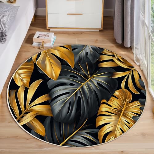 Schwarzgoldene Palmblätter Kurzflor Teppich Rund, Tropische Pflanzen Wohnzimmerteppich, Gold Runder Teppich 60cm Round Eingangsbereich Waschbar Weich for Wohnzimmer Schlafzimmer Studie Heimbüro von ZISTRCBAO