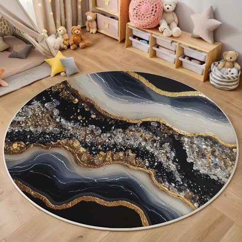 Schwarzgoldmarmor Rutschfest Runder Teppich 60cm, Moderner Luxus Runder Teppich Wohnzimmer, Schwarz Dekoration Teppiche Weich Waschbar Für Zuhause Bodenmatte Schlafzimmer Dekorativer Teppiche von ZISTRCBAO
