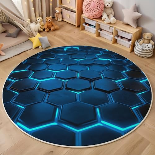 Sechseckige Geometrie Kurzflor Teppich Rund, Moderne Abstrakte Wohnzimmerteppich, Blau Runder Teppich 180cm Round Eingangsbereich Waschbar Weich for Wohnzimmer Schlafzimmer Studie Heimbüro von ZISTRCBAO
