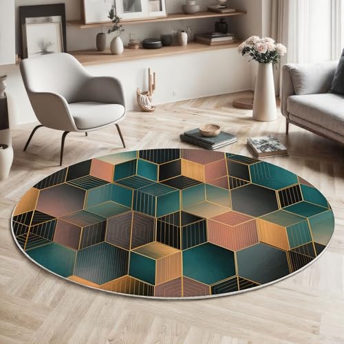 Sechseckige Geometrie rutschfest Runder Teppich 80cm, Moderne Abstrakte Runder Teppich Wohnzimmer, Dunkelgrün Dekoration Teppiche Weich Waschbar Für Zuhause Bodenmatte Schlafzimmer Teppiche von ZISTRCBAO