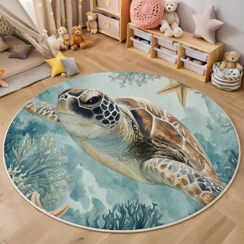 Seesternschildkröte Rutschfest Runder Teppich 80cm, Aquarell Meerestiere Runder Teppich Wohnzimmer, Türkis Dekoration Teppiche Weich Waschbar Für Zuhause Bodenmatte Schlafzimmer Dekorativer Teppiche von ZISTRCBAO