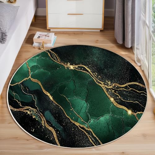 Smaragdgrüner Goldmarmor Rutschfest Runder Teppich 120cm, Moderner Luxus Runder Teppich Wohnzimmer, Grün Dekoration Teppiche Weich Waschbar Für Zuhause Bodenmatte Schlafzimmer Dekorativer Teppiche von ZISTRCBAO