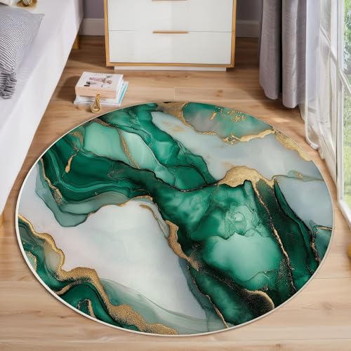 Smaragdgrüner Marmor Rutschfest Runder Teppich 160cm, Moderner Luxus Runder Teppich Wohnzimmer, Grün Dekoration Teppiche Weich Waschbar Für Zuhause Bodenmatte Schlafzimmer Dekorativer Teppiche von ZISTRCBAO