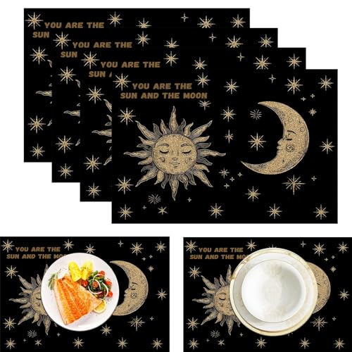 Sonne Mond Leinen Platzsets Für Tisch 6er Set, Retro Boho Bedruckte Tischsets Große Baumwolle Leinen rutschfeste Abwaschbar Platzsets Für Party Kitchen Restaurant (45x30cm, Gold) von ZISTRCBAO
