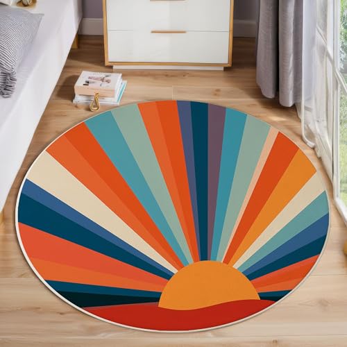 Sonne Regenbogen Streifen Rund Bereich Teppich 120cm, Vintage Mitte Des Jahrhunderts Weich Teppich Rund, Waschbar Rutschfest Wohnzimmer Teppiche Für Schlafzimmer Terrasse Garten Küchen, Orange von ZISTRCBAO
