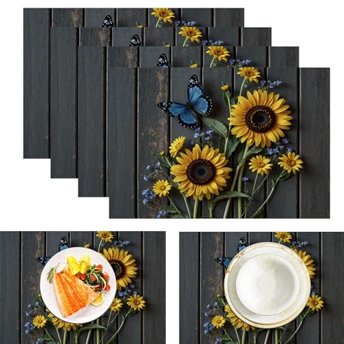 Sonnenblume Blumen Platzsets 2er Set, Leinen Retro-Landhausstil Tischsets Waschbar Platzdeckchen Leinen Hitzebeständig Platzdeckchen Dekor Für Küche Speisetisch Restaurant Bauernhaus, Gelb 45x30cm von ZISTRCBAO