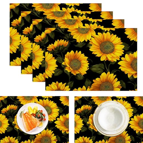 Sonnenblume Tischsets Abwaschbar 2er Set, Vintage Blumen Platzsets Abwischbar Leinen Hitzebeständig Platzdeckchen rutschfest Für Essen Partys Und Täglichen Gebrauch 45x30cm, Gelb von ZISTRCBAO