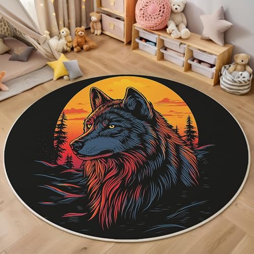 Sonnenuntergangswolf Rutschfest Runder Teppich 120cm, Aquarell Tier Runder Teppich Wohnzimmer, Orange Dekoration Teppiche Weich Waschbar Für Zuhause Bodenmatte Schlafzimmer Dekorativer Teppiche von ZISTRCBAO