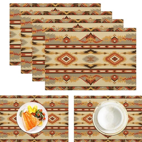 Stammesgeometrische Tischsets Abwaschbar 2er Set, Indianer Platzsets Abwischbar Leinen Hitzebeständig Platzdeckchen rutschfest Für Essen Partys Und Täglichen Gebrauch 45x30cm, Braun von ZISTRCBAO