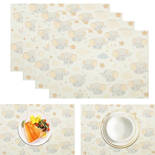 Sternenelefant Tischsets Abwaschbar 2er Set, Cartoon-Tier Platzsets Abwischbar Leinen Hitzebeständig Platzdeckchen rutschfest Für Essen Partys Und Täglichen Gebrauch 45x30cm, Beige von ZISTRCBAO