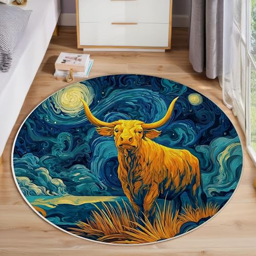 Sternenhimmel Mit Hochlandrindern Kurzflor Teppich Rund, Aquarell Tiere Wohnzimmerteppich, Blau Runder Teppich 180cm Round Eingangsbereich Waschbar Weich for Wohnzimmer Schlafzimmer Studie Heimbüro von ZISTRCBAO