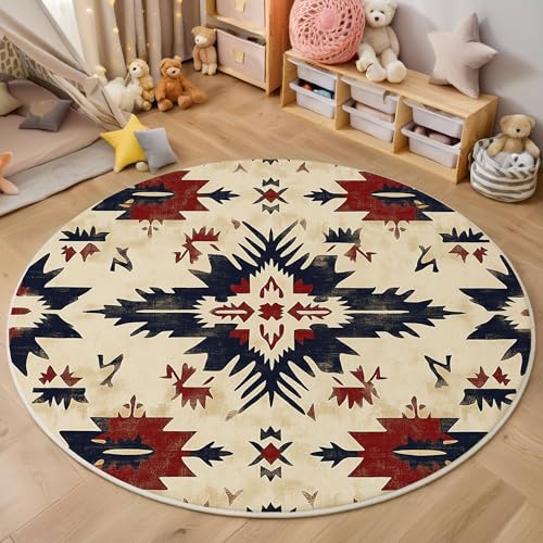 Südwestliche Stammesgeometrie Rund Teppich, Amerikanischer Ureinwohner Waschbarer Wohnzimmer Sofa Teppich Kurzflor Couchtischmatte, Braun Rund 60cm Teppiche Für Schlafzimmer Esszimmer Küche Innen von ZISTRCBAO