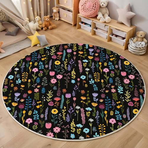 Süße Blumen Kurzflor Teppich Rund, Handgezeichnete Graffiti Wohnzimmerteppich, Mehrfarbig Runder Teppich 100cm Round Eingangsbereich Waschbar Weich for Wohnzimmer Schlafzimmer Studie Heimbüro von ZISTRCBAO
