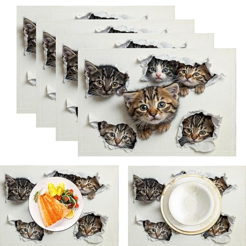 Süße Katze Tischsets Abwaschbar 2er Set, Tierrealismus Platzsets Abwischbar Leinen Hitzebeständig Platzdeckchen rutschfest Für Essen Partys Und Täglichen Gebrauch 45x30cm, Mehrfarbig von ZISTRCBAO