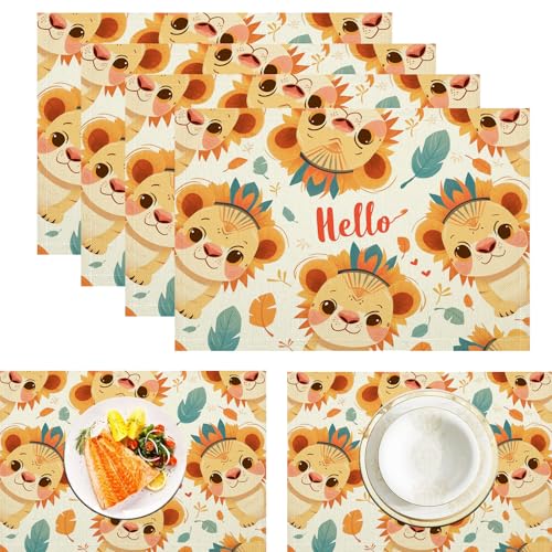 Süßer Löwe Leinen Platzsets Für Tisch 6er Set, Cartoon-Tier Bedruckte Tischsets Große Baumwolle Leinen rutschfeste Abwaschbar Platzsets Für Party Kitchen Restaurant (45x30cm, Braun) von ZISTRCBAO