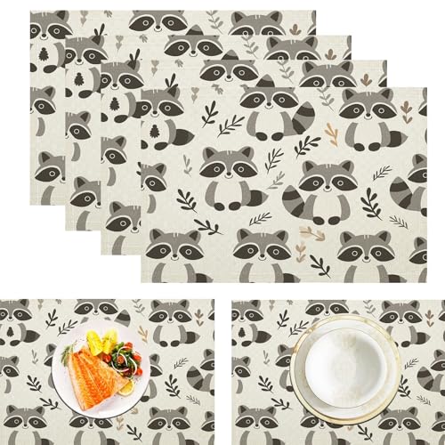 Süßer Waschbär Platzsets Abwaschbar 2er Set Platzsets, 45x30cm Tischsets Aus Leinen, Placemat Mit Cartoon-Tier, Tischsets Abwaschbar Für Esszimmer Küche Partys Tischdekoration, Grau von ZISTRCBAO