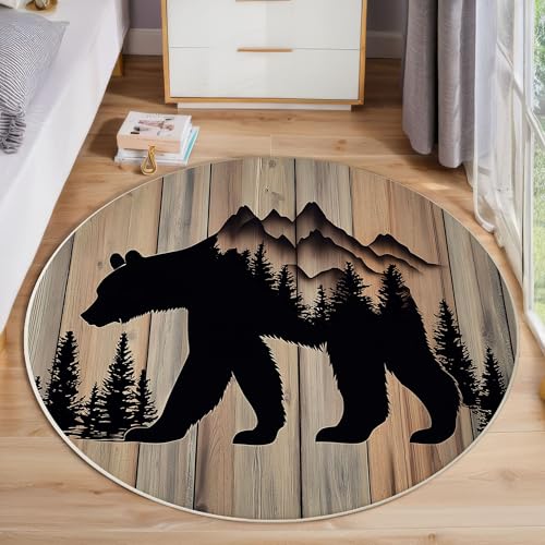 Tier Bär Berge Rutschfest Runder Teppich 100cm, Vintage Holzmaserung Runder Teppich Wohnzimmer, Braun Dekoration Teppiche Weich Waschbar Für Zuhause Bodenmatte Schlafzimmer Dekorativer Teppiche von ZISTRCBAO