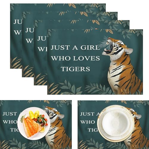 Tigerblätter Leinen Platzsets Für Tisch 2er Set, Tierrealismus Bedruckte Tischsets Große Baumwolle Leinen rutschfeste Abwaschbar Platzsets Für Party Kitchen Restaurant (45x30cm, Grün) von ZISTRCBAO