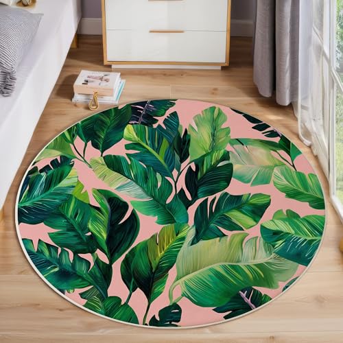 Tropische Blätter Rutschfest Runder Teppich 180cm, Aquarellpflanzen Runder Teppich Wohnzimmer, Grün Dekoration Teppiche Weich Waschbar Für Zuhause Bodenmatte Schlafzimmer Dekorativer Teppiche von ZISTRCBAO