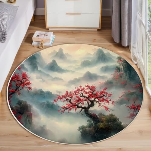 Uralte Bäume Im Tal Rutschfest Runder Teppich 80cm, Chinesische Tuschemalerei Runder Teppich Wohnzimmer, Grün Dekoration Teppiche Waschbar Für Zuhause Bodenmatte Schlafzimmer Dekorativer Teppiche von ZISTRCBAO